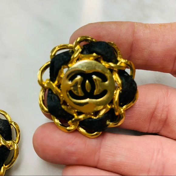 Chanel Costume Gold Clip On Earrings with Leather - Picture 2 of 7
